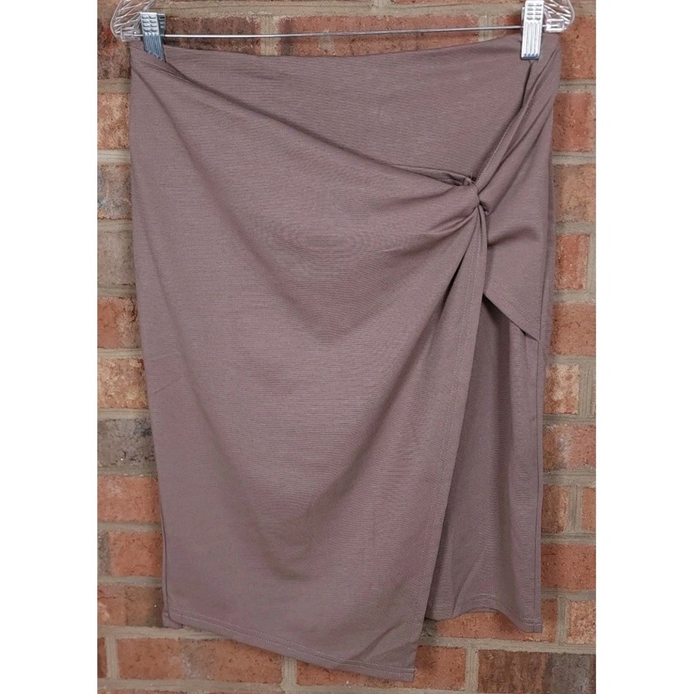 Kate Kasin Taupe Wrap Midi Skirt Size L Stretch High Waist Lined Tie Rear Zipper